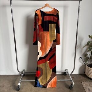 NWOT Halston Velvet Multicolored Abstract Printed Maxi Gown Sz 4